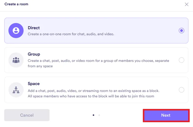 Creating a direct room - Step 2